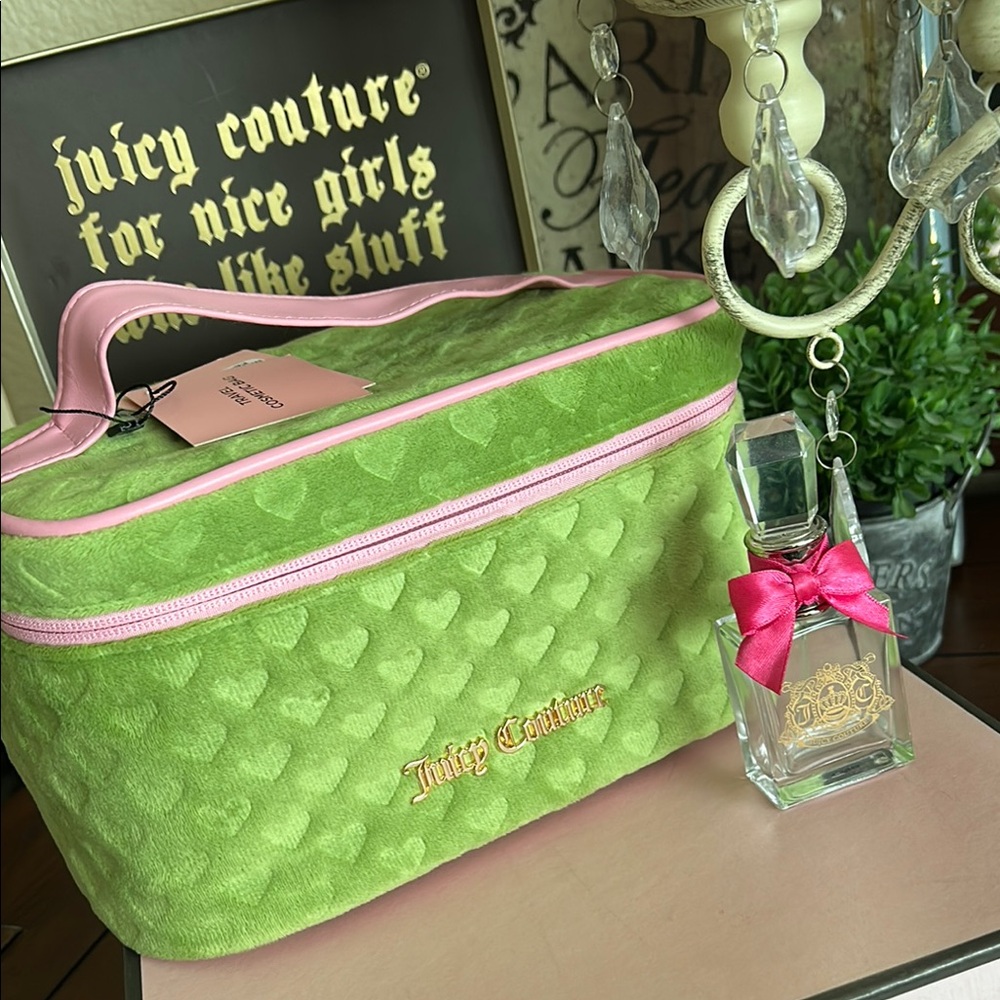 Juicy Couture Green and Pink Velour Cosmetic Case/Bag